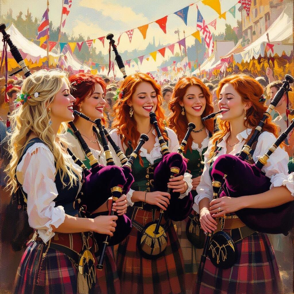 Women Playing Bagpipes at Festival in Golden Hour Oil Painti...