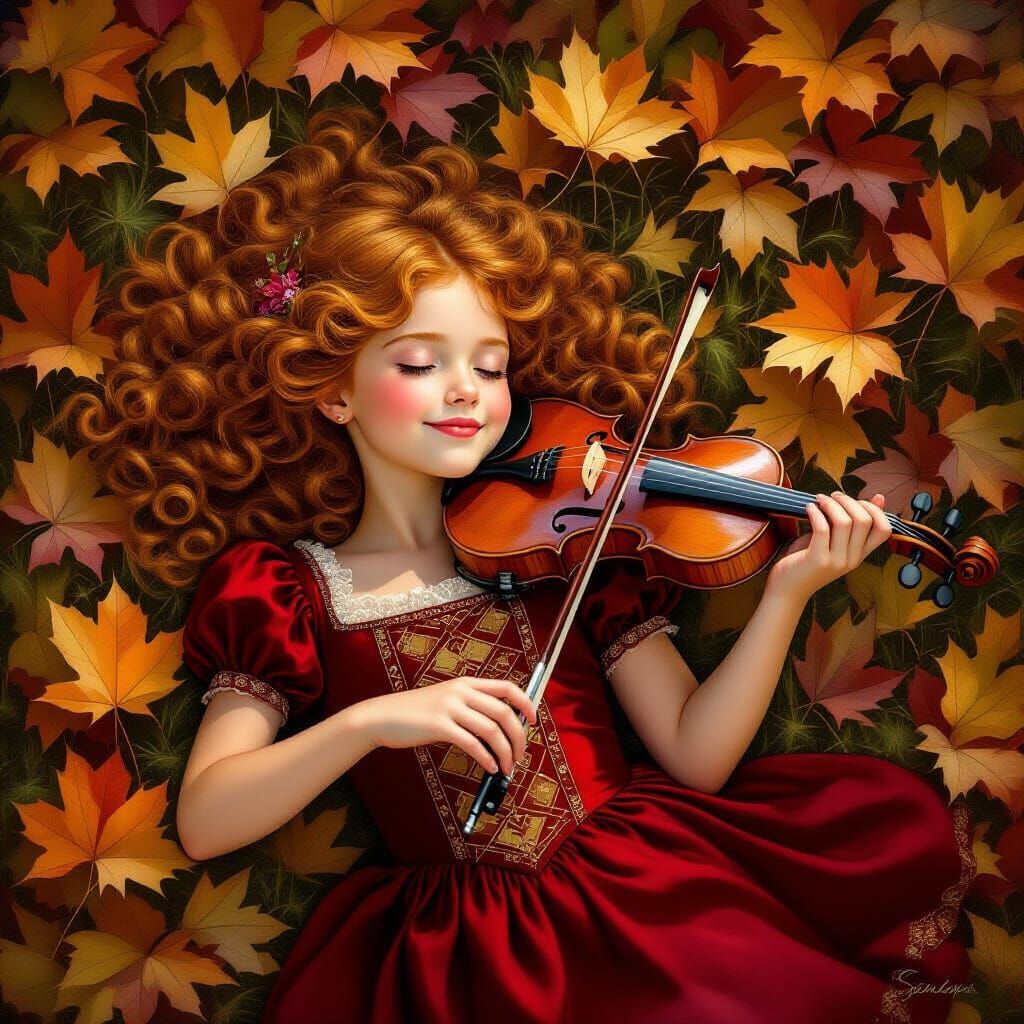 Girl with Viola in Autumn Forest, Photorealistic Style