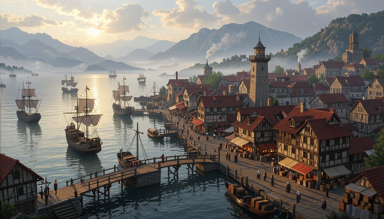 Bustling 18th Century Harbor Town in Photorealistic Style