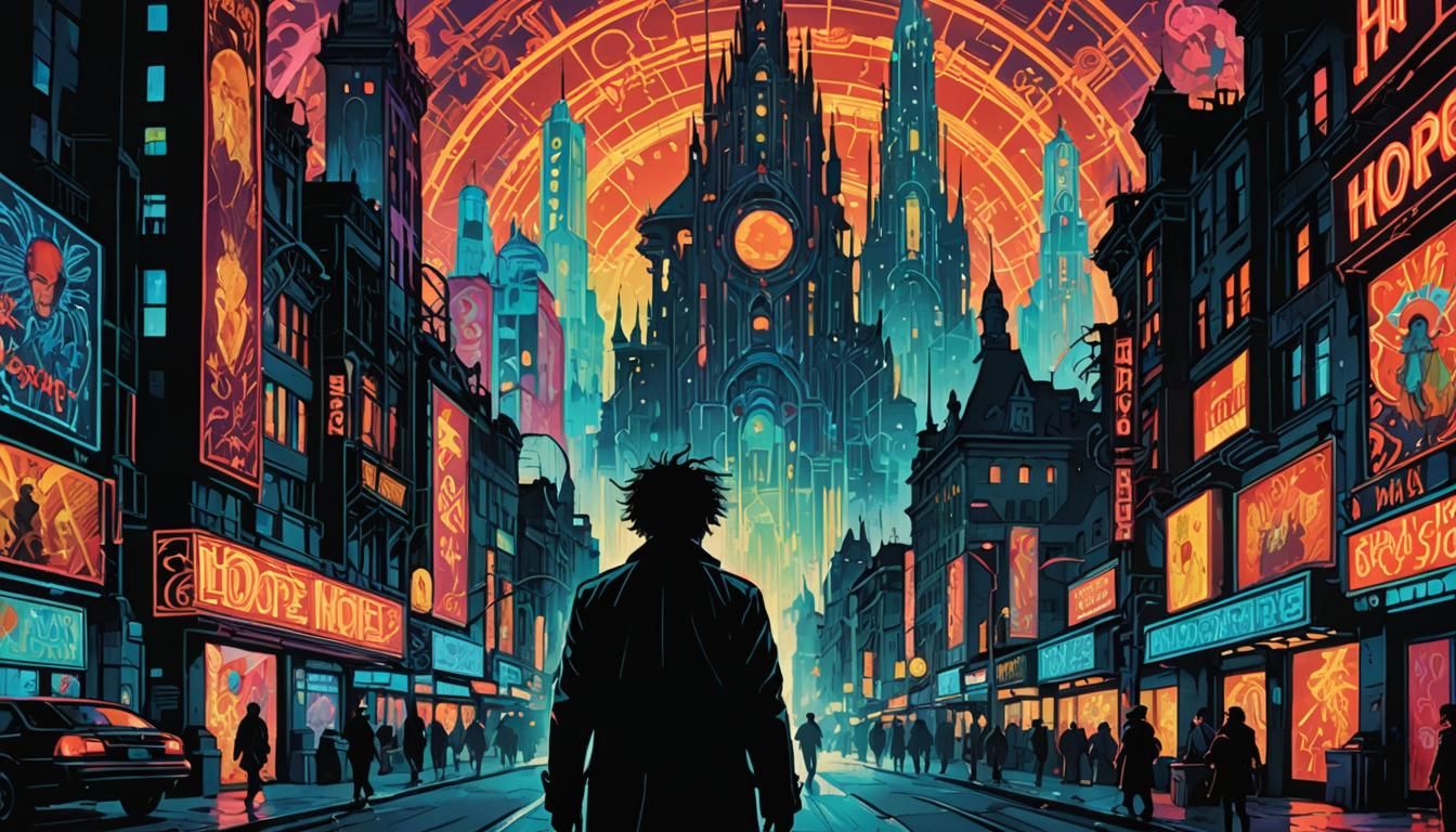 Robert Smith in Mucha-Style Neon-Noir Cityscape