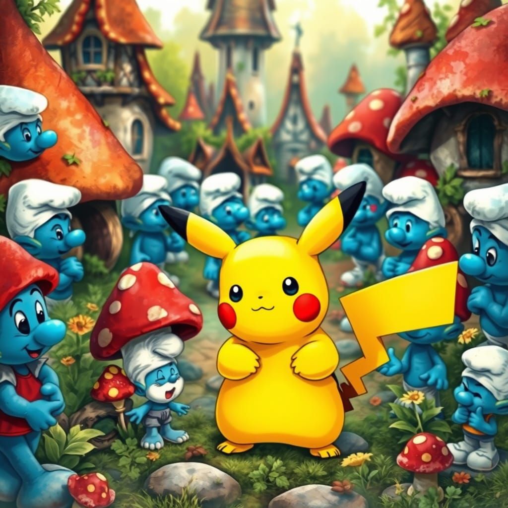 Pikachu in Whimsical Smurf Village