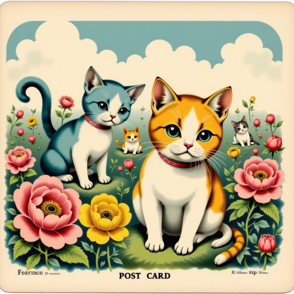 Charming Watercolor Illustration of Chibi Cats in a Vintage ...