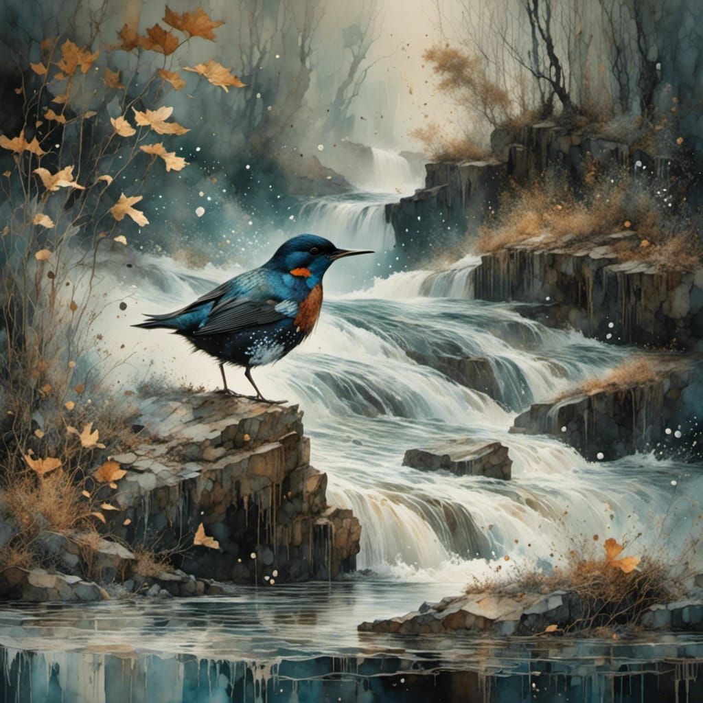 Dipper in Raging Torrent, Watercolor Style