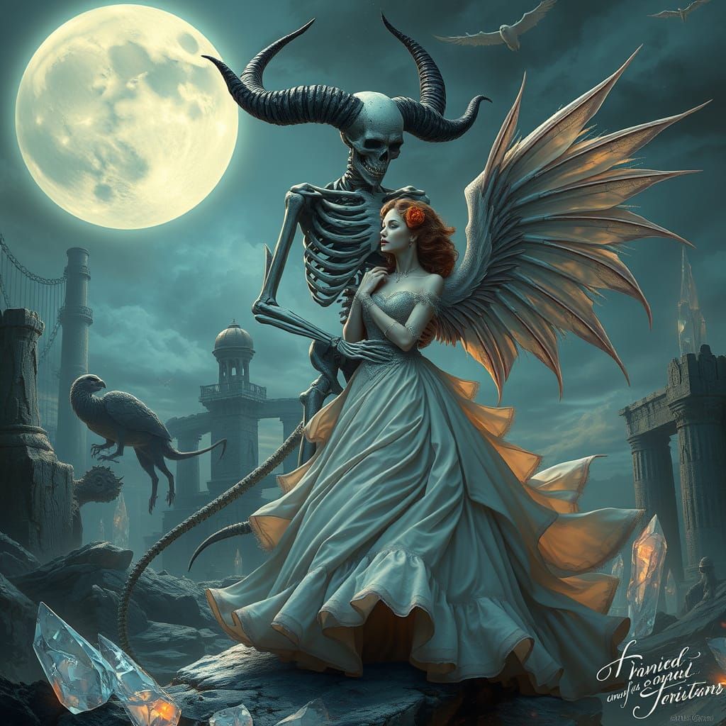 Surreal Embrace: Skeletal Figure and Victorian Woman