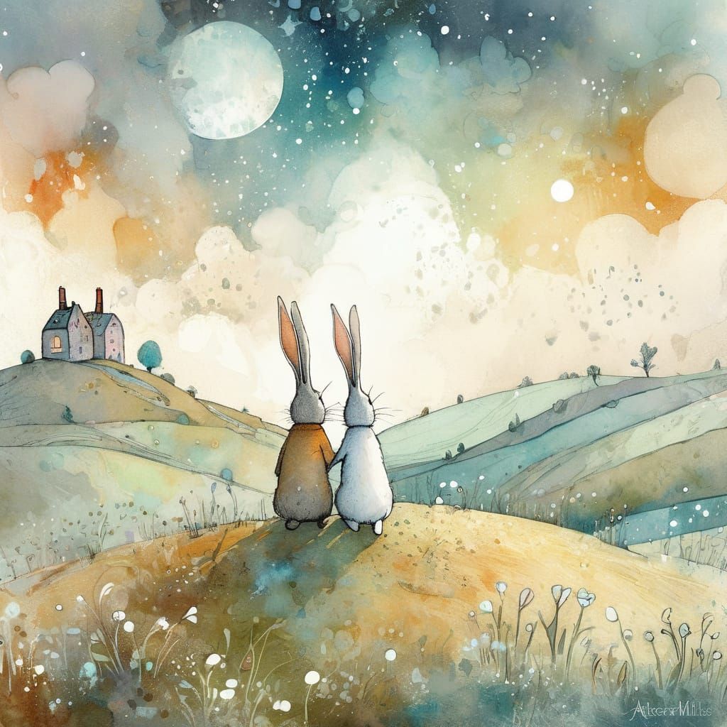Rabbits on a Hill in Whimsical Cartoon Style