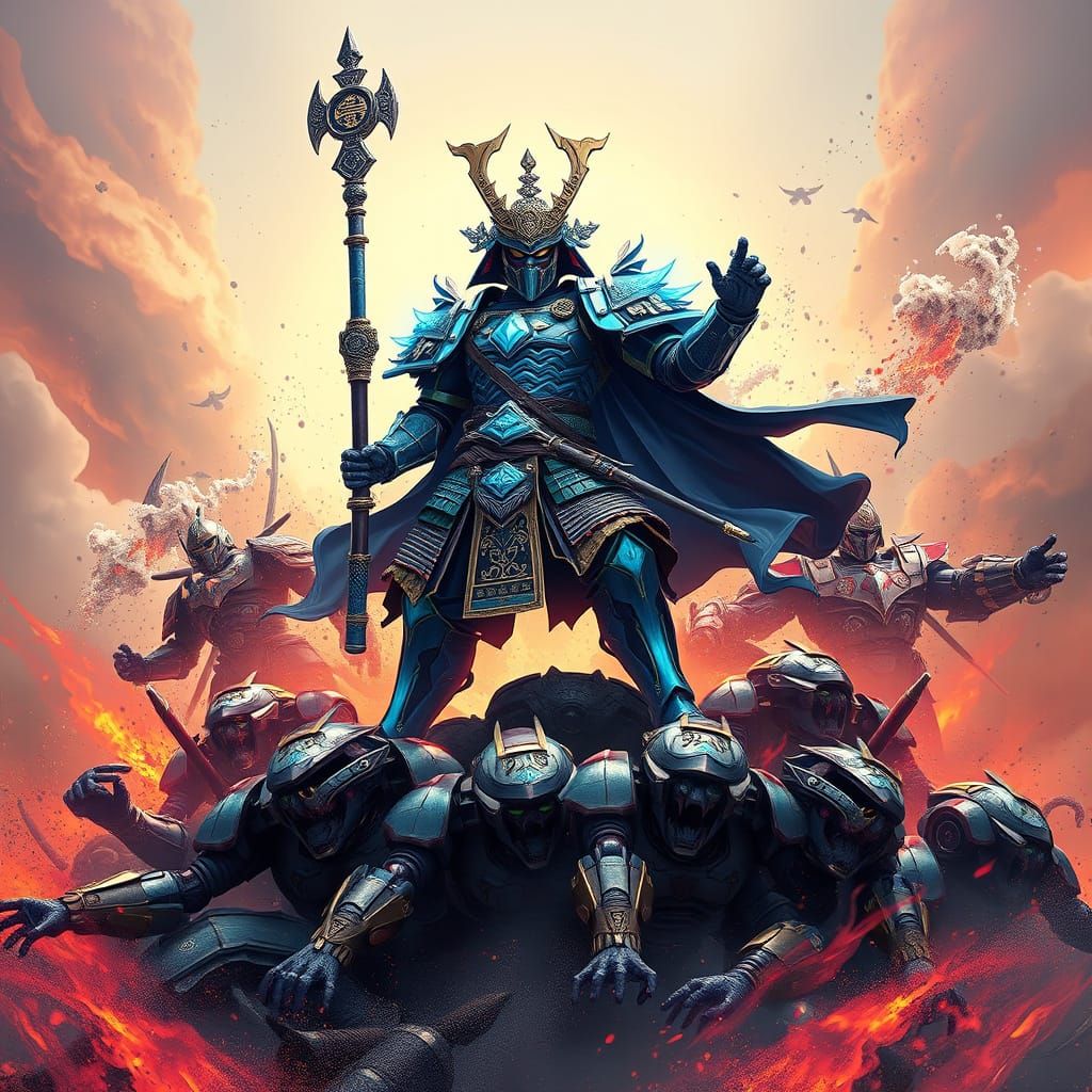 Fierce Samurai Warrior on Mountain of Robots