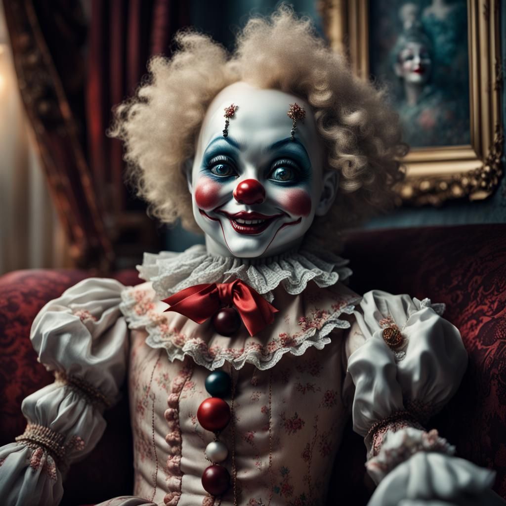 Gothic Porcelain Clown Doll on Victorian Sofa