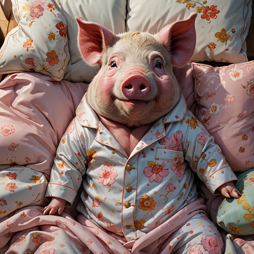 Happy Pig Portrait in Country Bed, Hyperdetailed Art