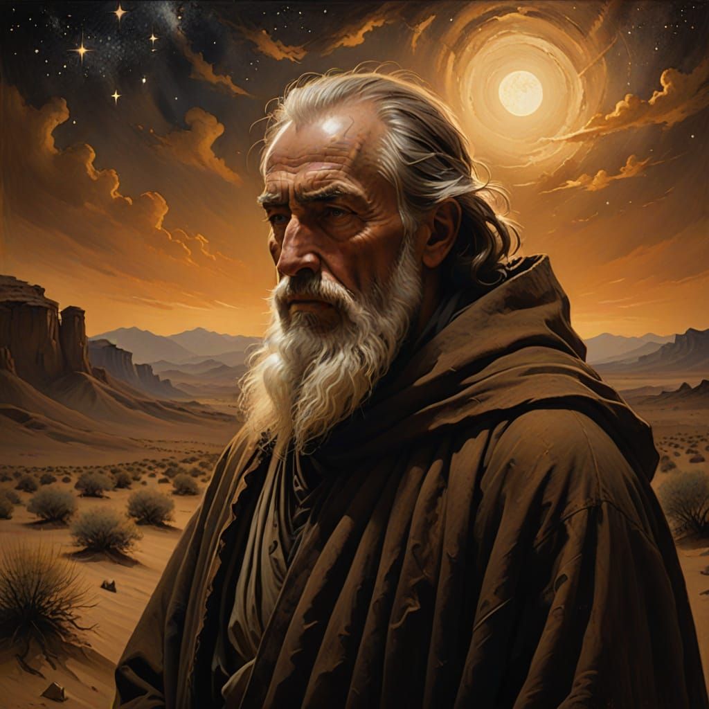 Wisdom of the Desert Hermit in Earthy Oil Painting