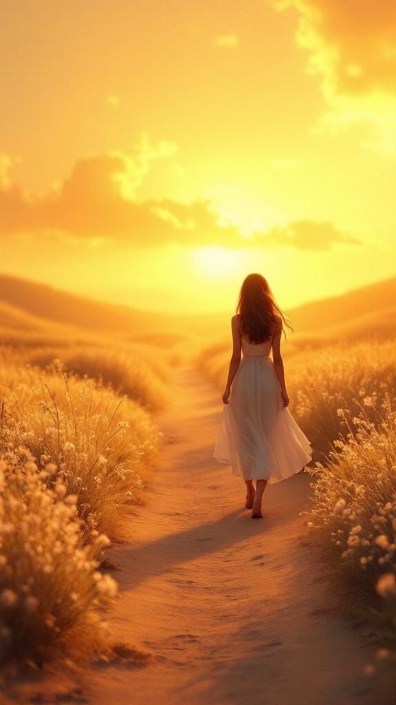 Woman Walks to Glowing Horizon in Dreamy Landscape