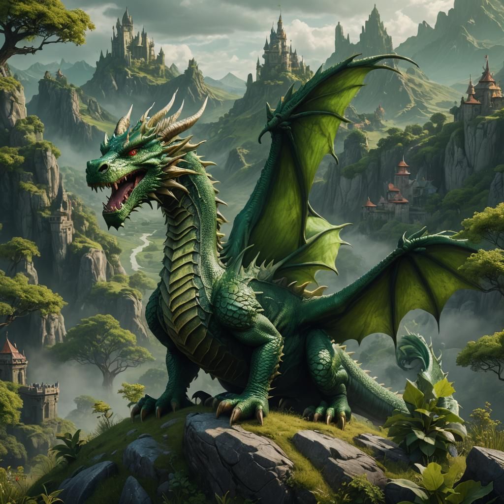 Green Dragon on Hill: Fantasy Concept Art