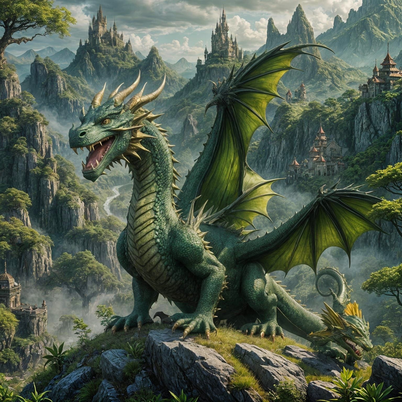 Green Dragon on Hill: Fantasy Concept Art
