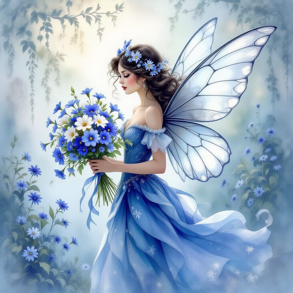 Fairy in Sapphire Dress with Silver Wings