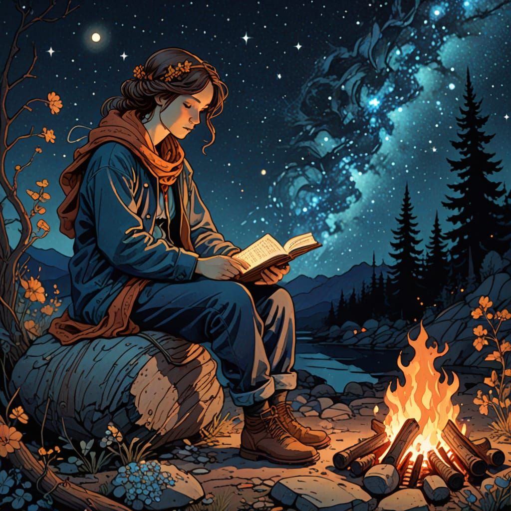 Stargazing Worm Beside Bonfire in Art Nouveau Style