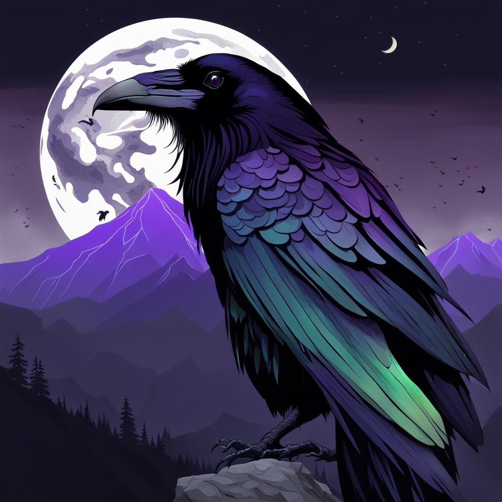 Majestic Raven with Iridescent Feathers and Purple Eyes