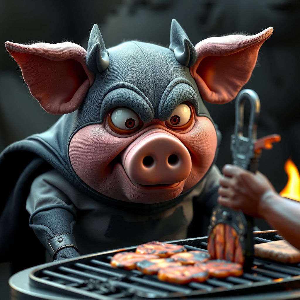 Frightened Batman Pig on Grill in Hyperrealism