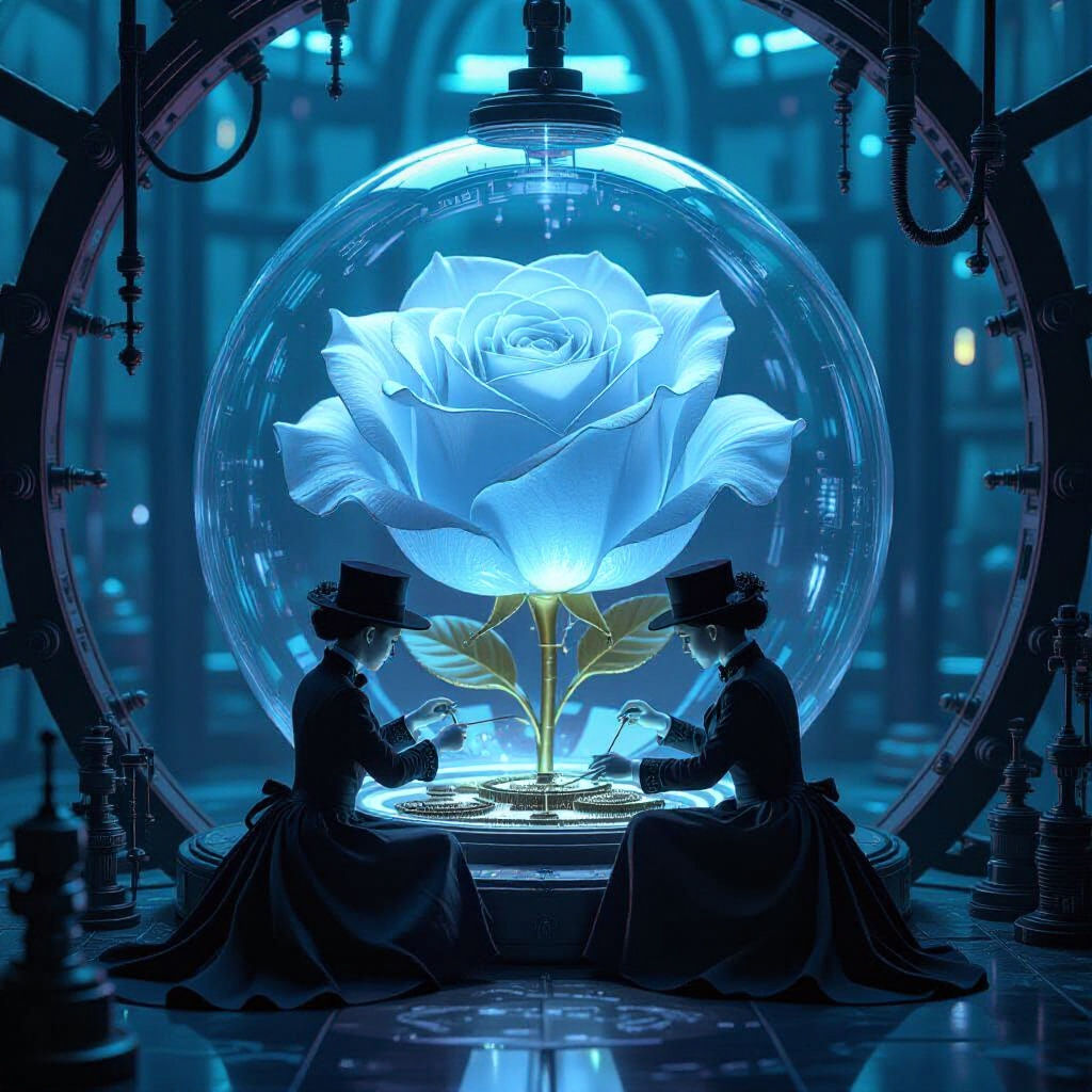 Miniature People Maintain Clock Inside Glass Rose