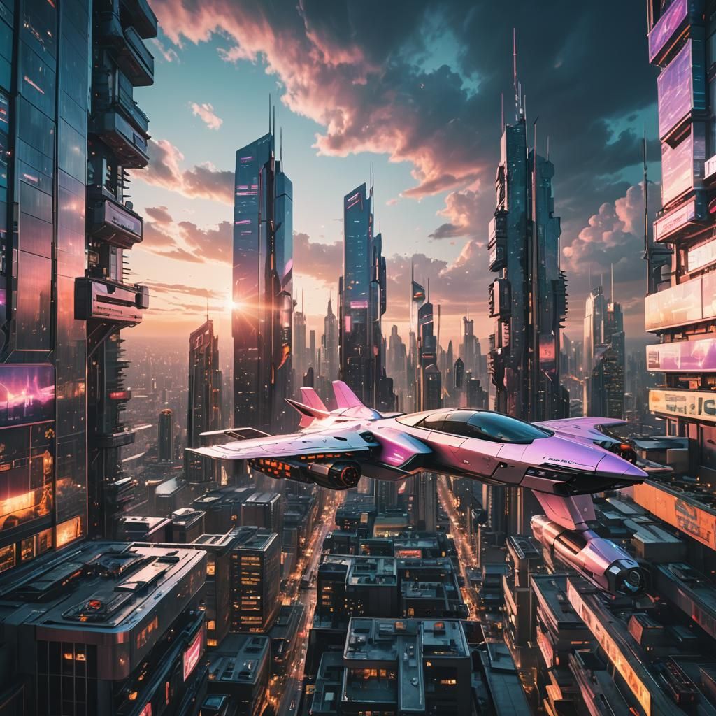 Futuristic Cyberpunk Cityscape with Spaceship at Sunset