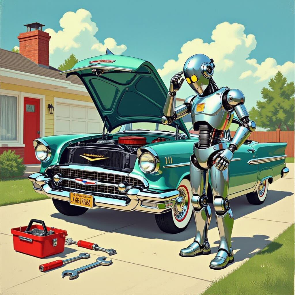Retro Robot Mechanic and 1957 Chevy in Rockwell Style
