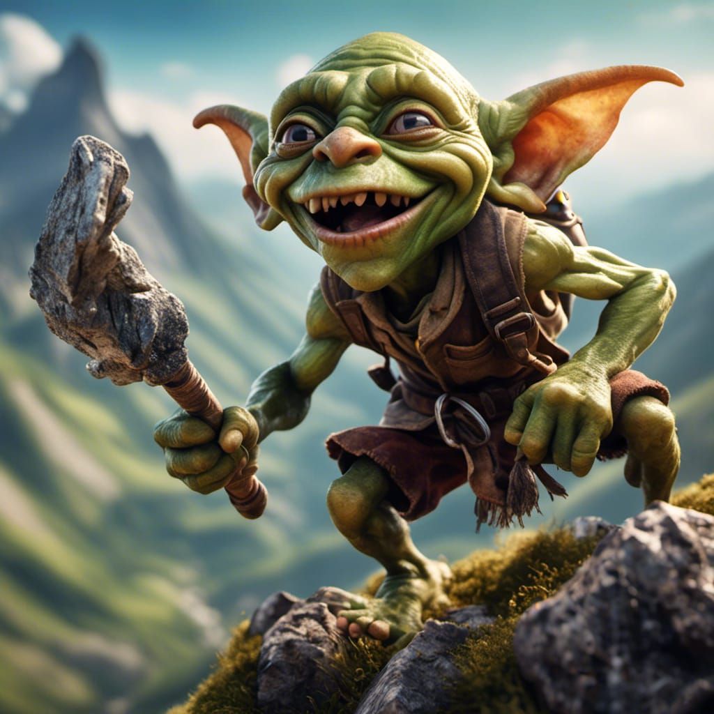 Hyperrealistic Goblin Scout Leaping in Mountains