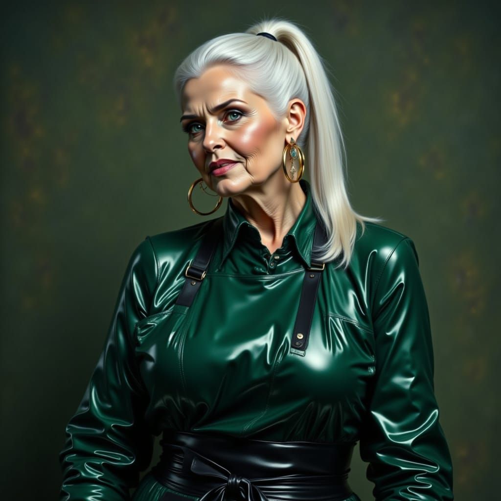 Elegant Elderly Woman in Brilliant Green Latex Catsuit