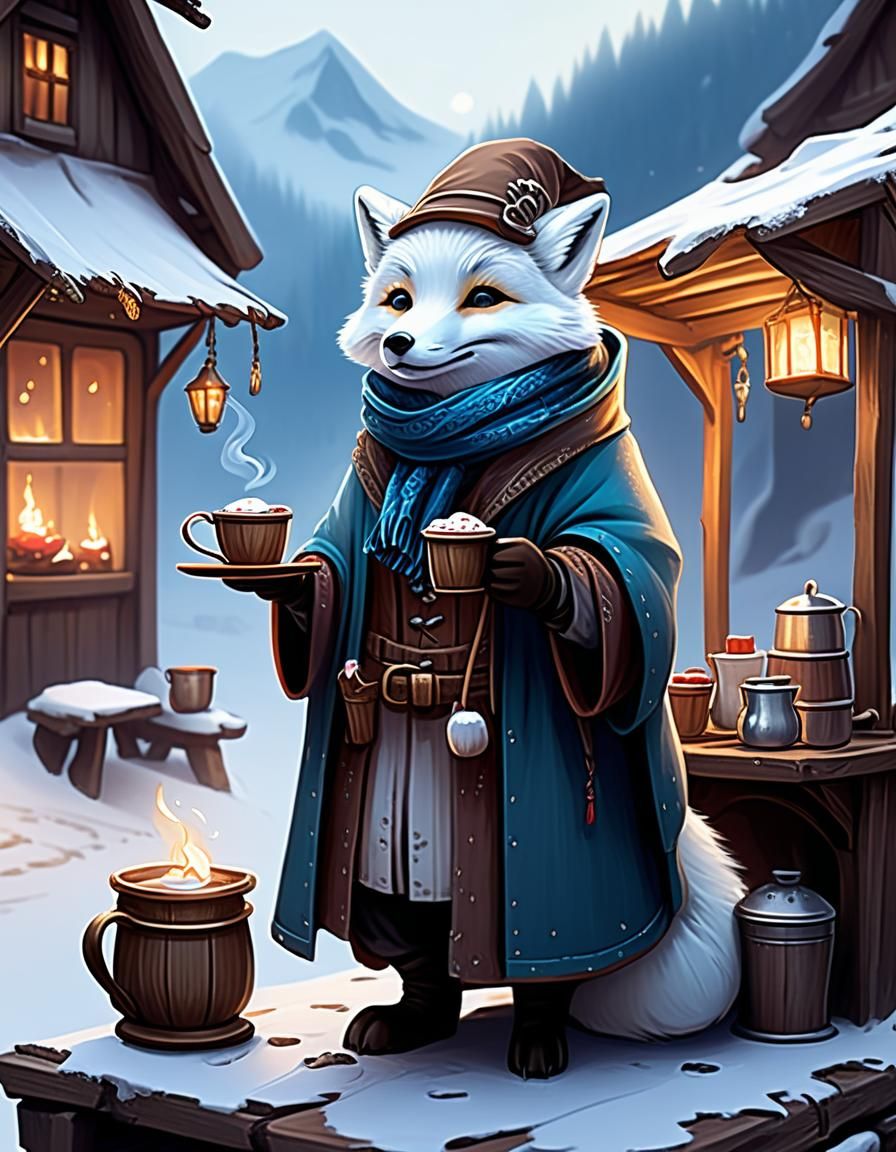 Arctic Fox Merchant Selling Hot Chocolate