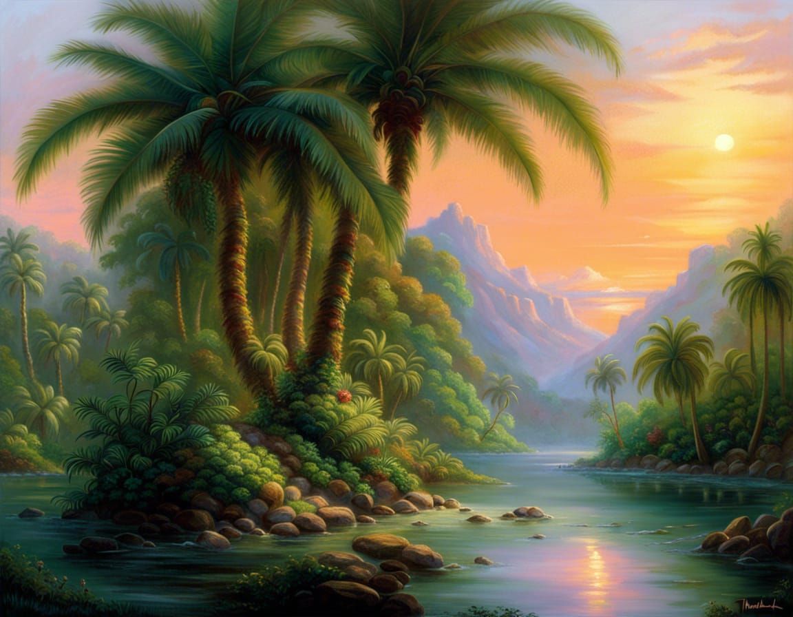 Ethereal Tropical Jungle Sunset in Kinkade Style
