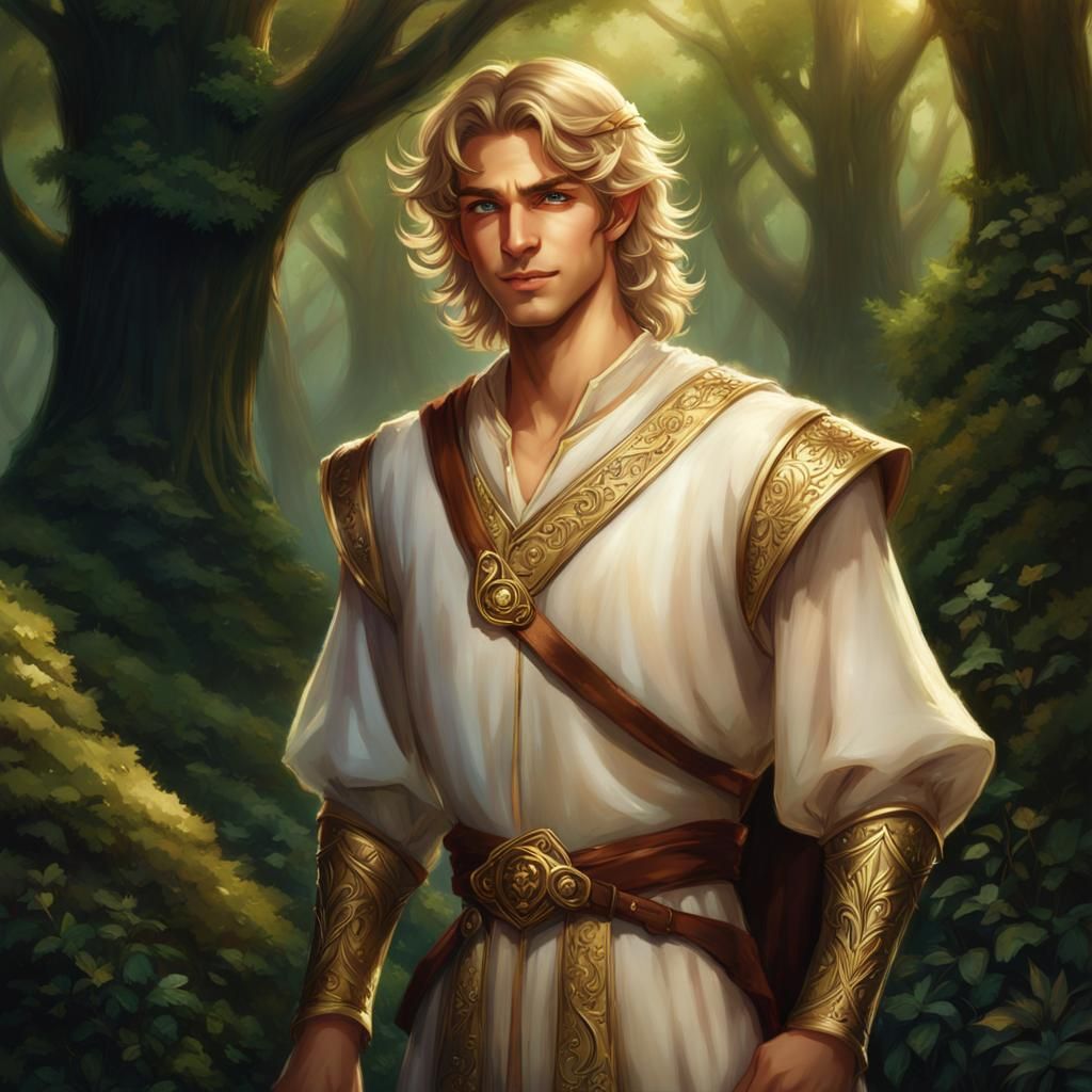 Teen Elf with Golden Hair in Enchanted Forest