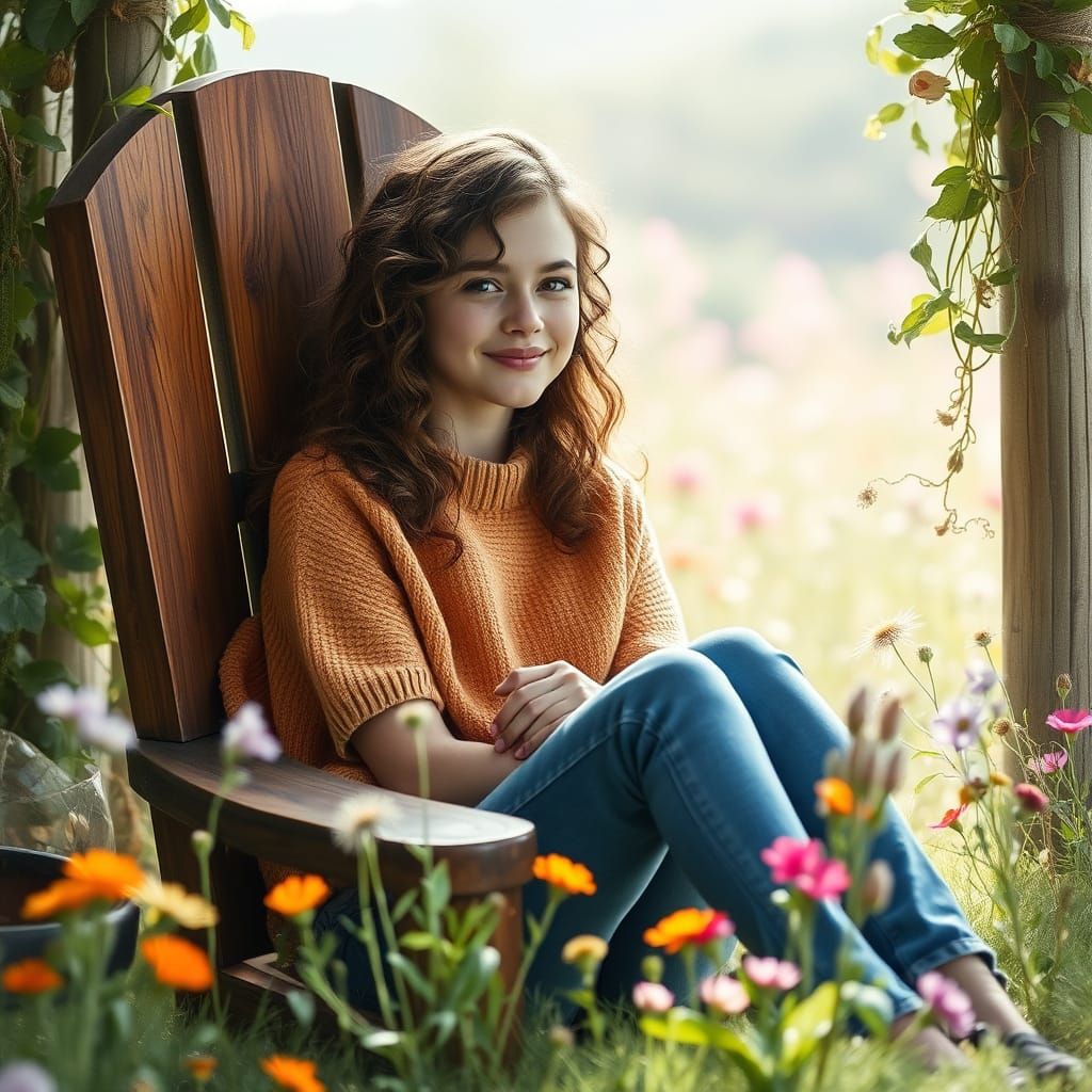 Whimsical Young Woman in Rustic Nature Scene