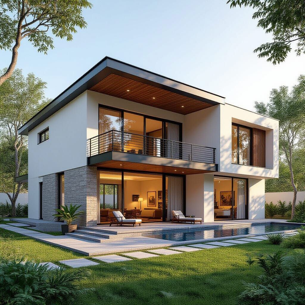 Modern Country House Architectural Rendering in Studio Ghibl...