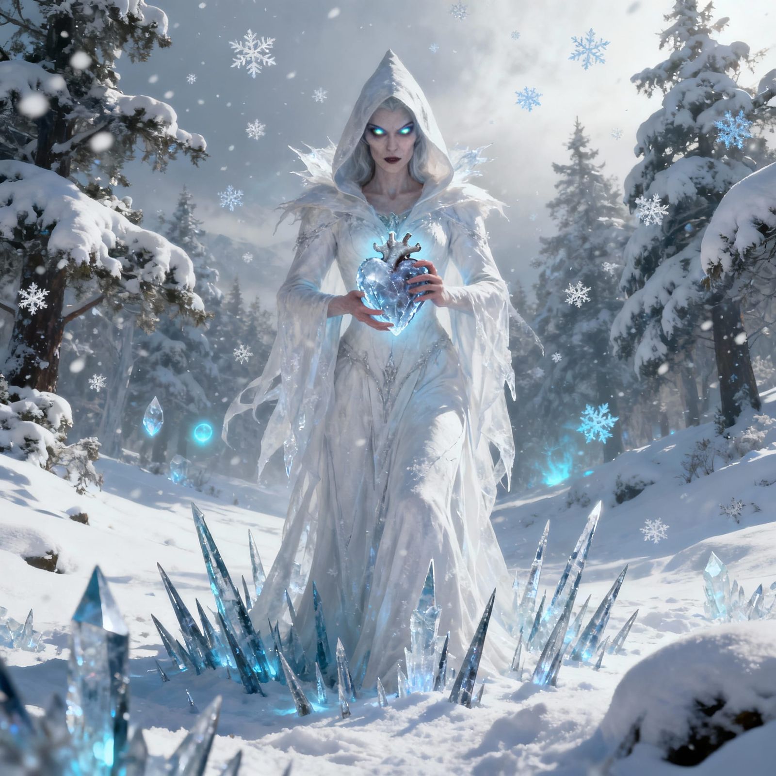 Winter Witch Holds Frozen Heart in Snowy Landscape