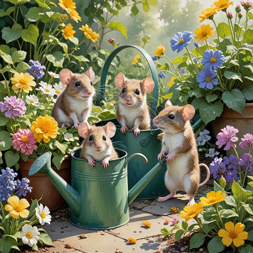 Whimsical Mice Gather Blooms in Sunny Garden Scene
