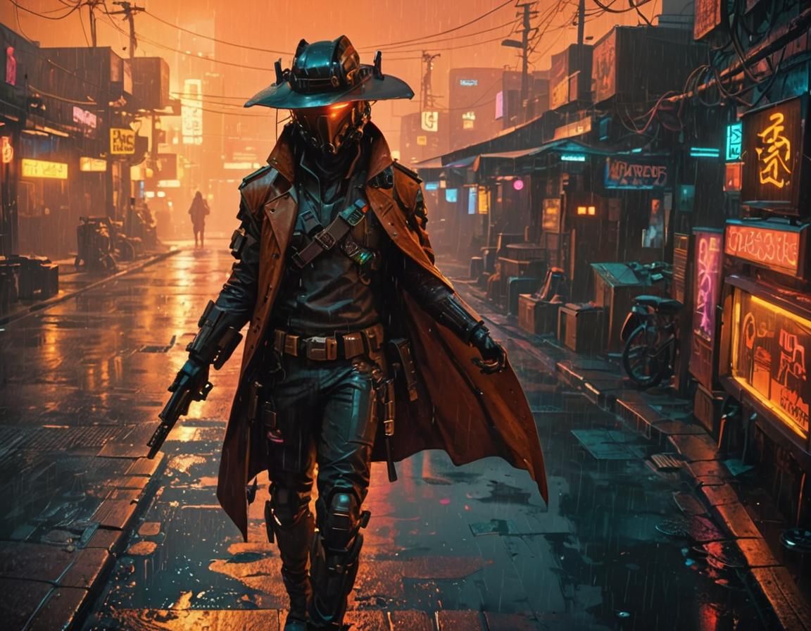 Rainy Night Bounty Hunter in Neon Alley
