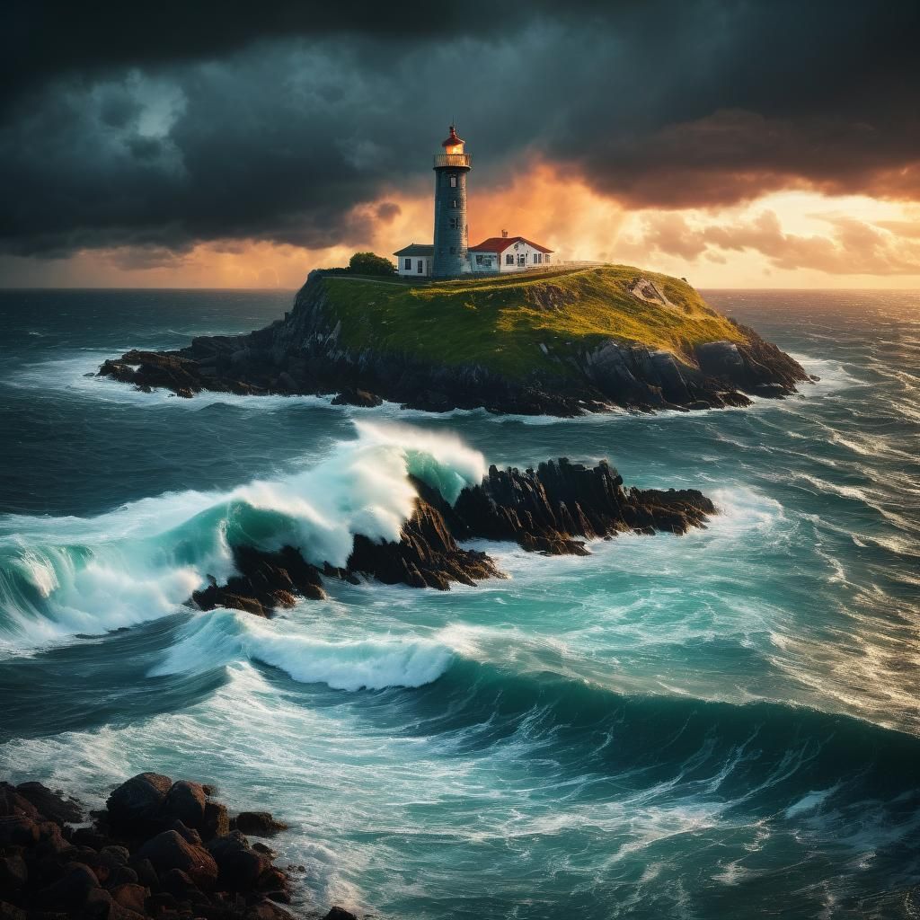 Lighthouse on Island in Stormy Sunset