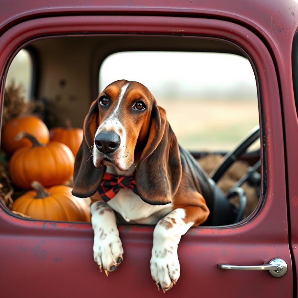 Basset Hound in Fall Bowtie in Farm Truck