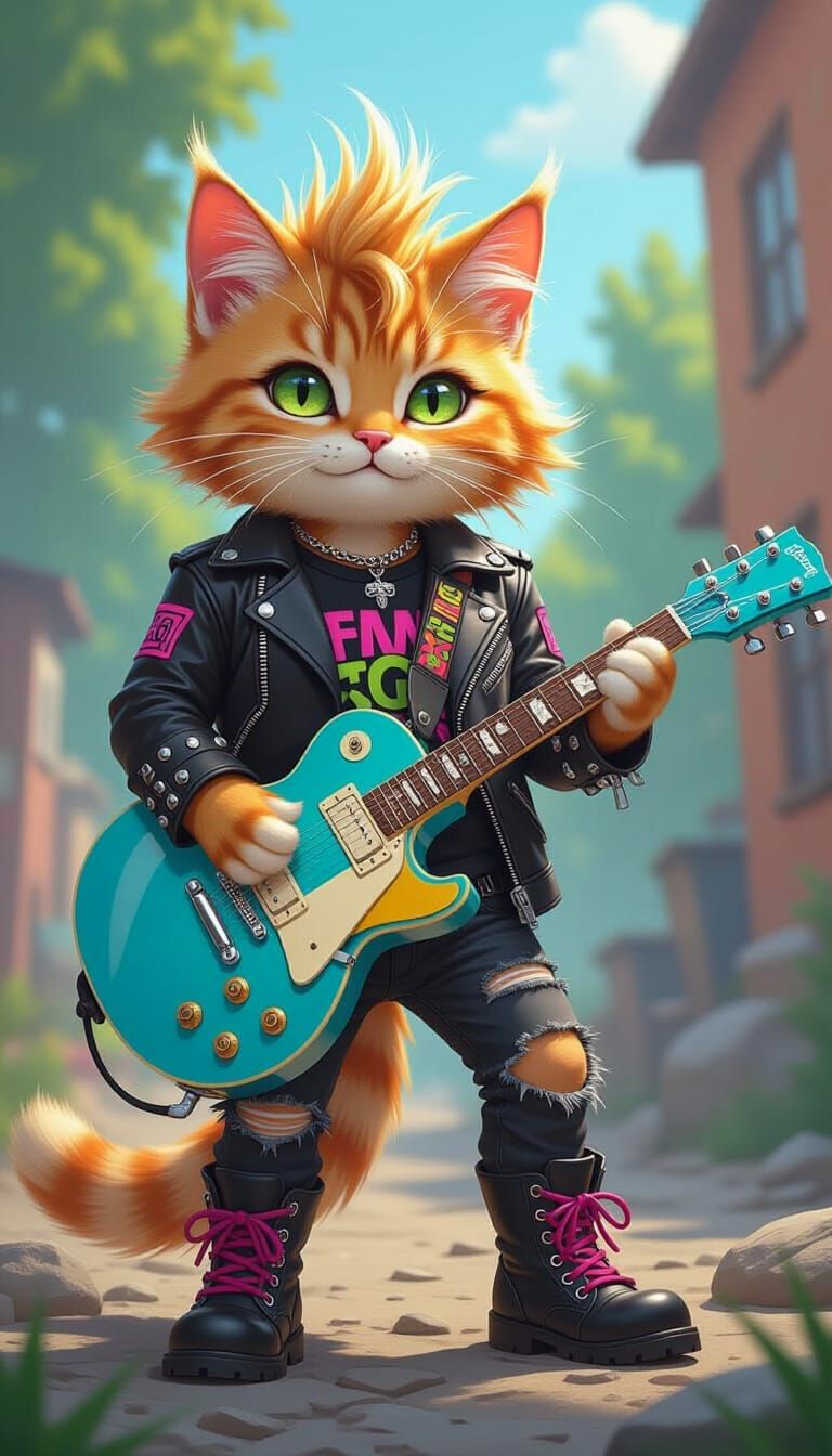Cartoon Cat Plays Guitar in Studded Jacket