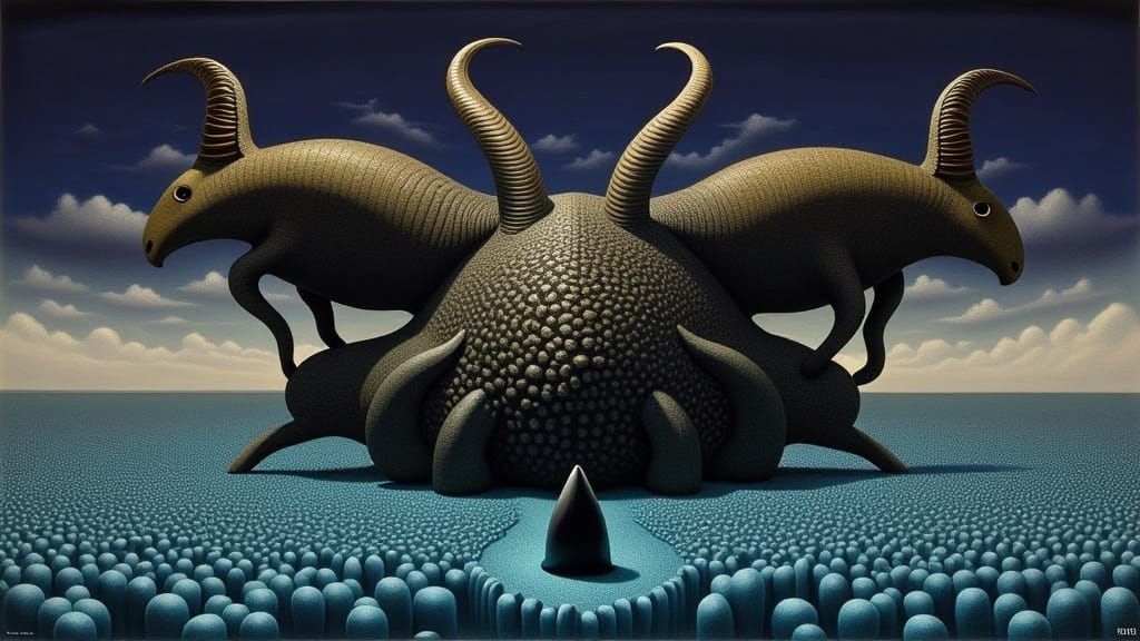 Biomechanical Ram Kaiju Over Glowing Lambs