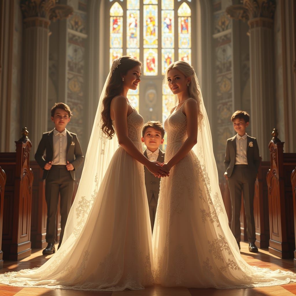 Lace-Adorned Wedding Party in Majestic Church
