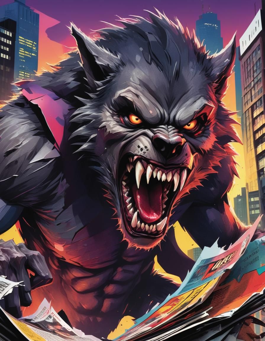 Surreal Werewolf Breakthrough Amid Cityscape
