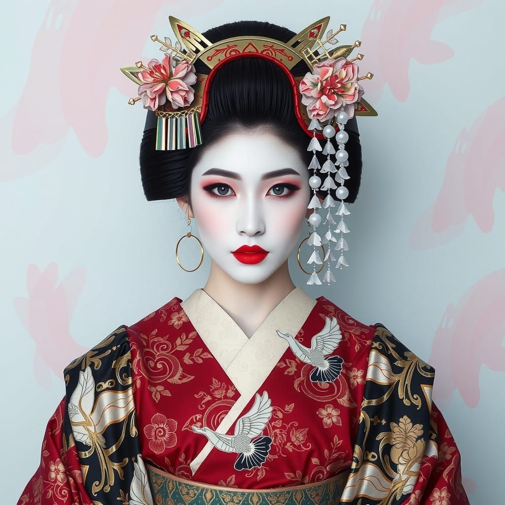 Photorealistic Geisha Portrait With Ornate Kimono