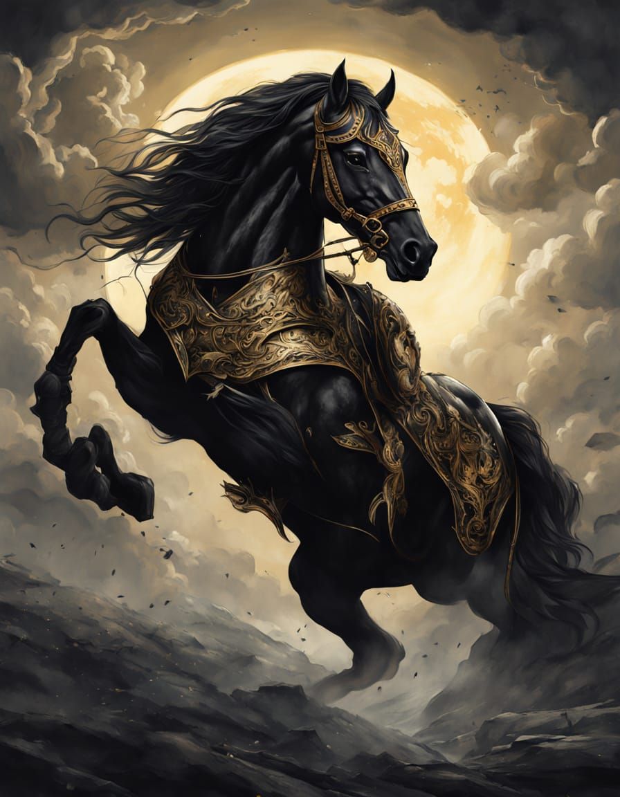 Majestic Black Stallion in Golden Armor