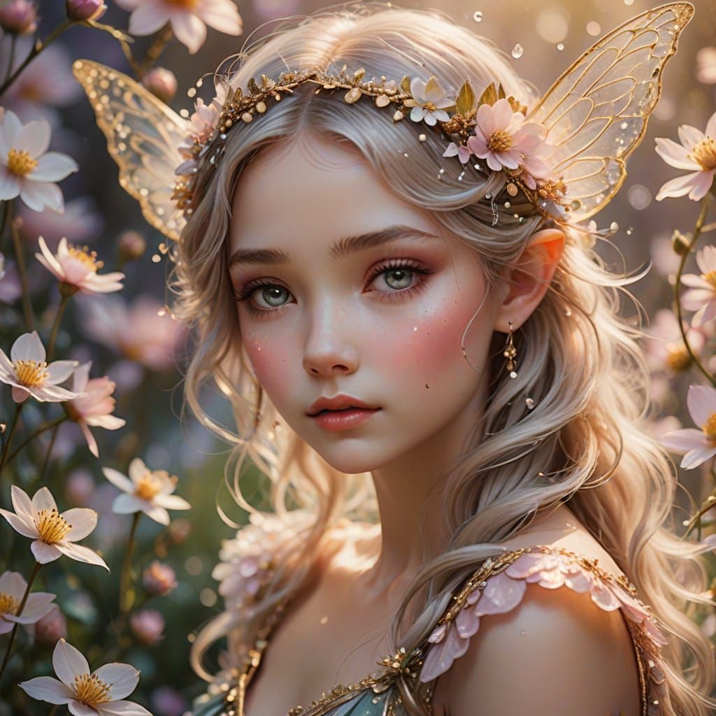 Whimsical Faerie Art: Tiny Fairy in Blooming Flower