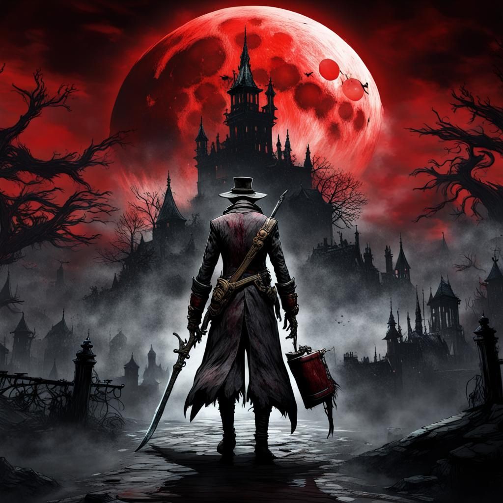 Bloodborne Inspired Scary Scene with Red Moon