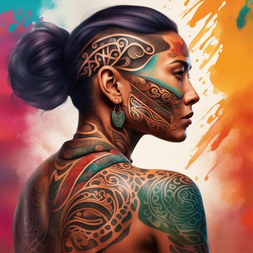 Colorful Maori Tattoo Art: Hyperrealistic Female Portrait