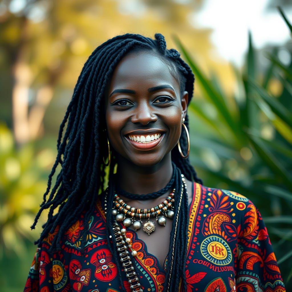 Smiling Woman in Streetwear Amidst Lush Nature