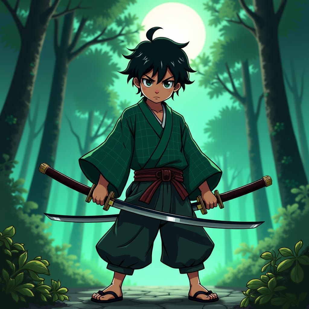 Demon Slayer with Nichirin Swords in Moonlit Forest