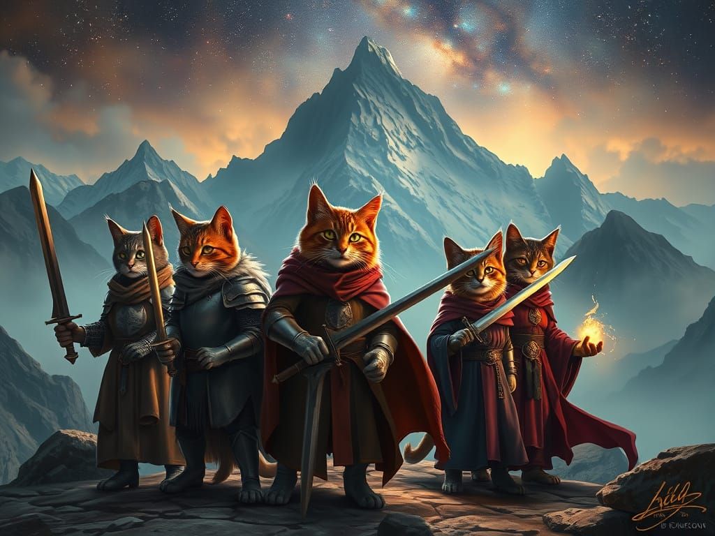 Heroic Cats Knights and Sorcerers in Epic Mountain Landscape