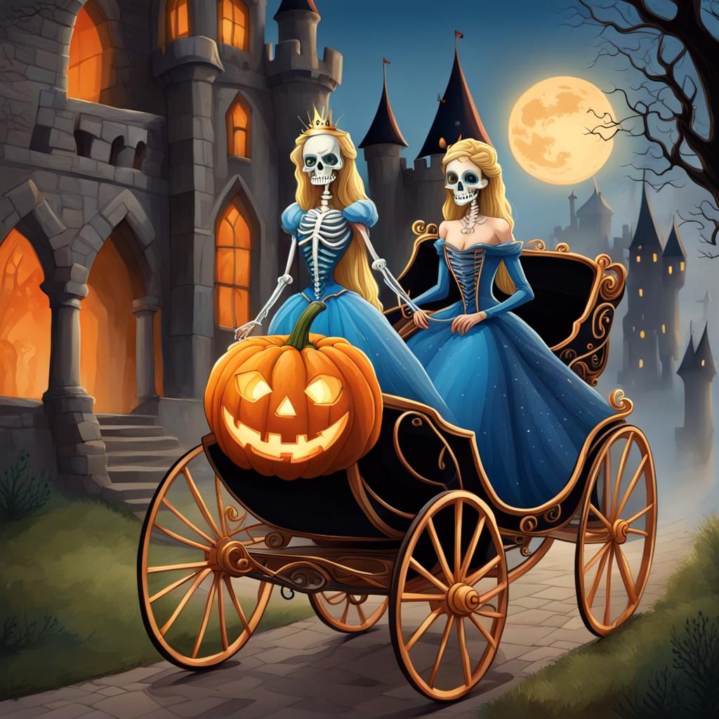 Skeleton Princess and Pumpkin Carriage Storybook Illustratio...