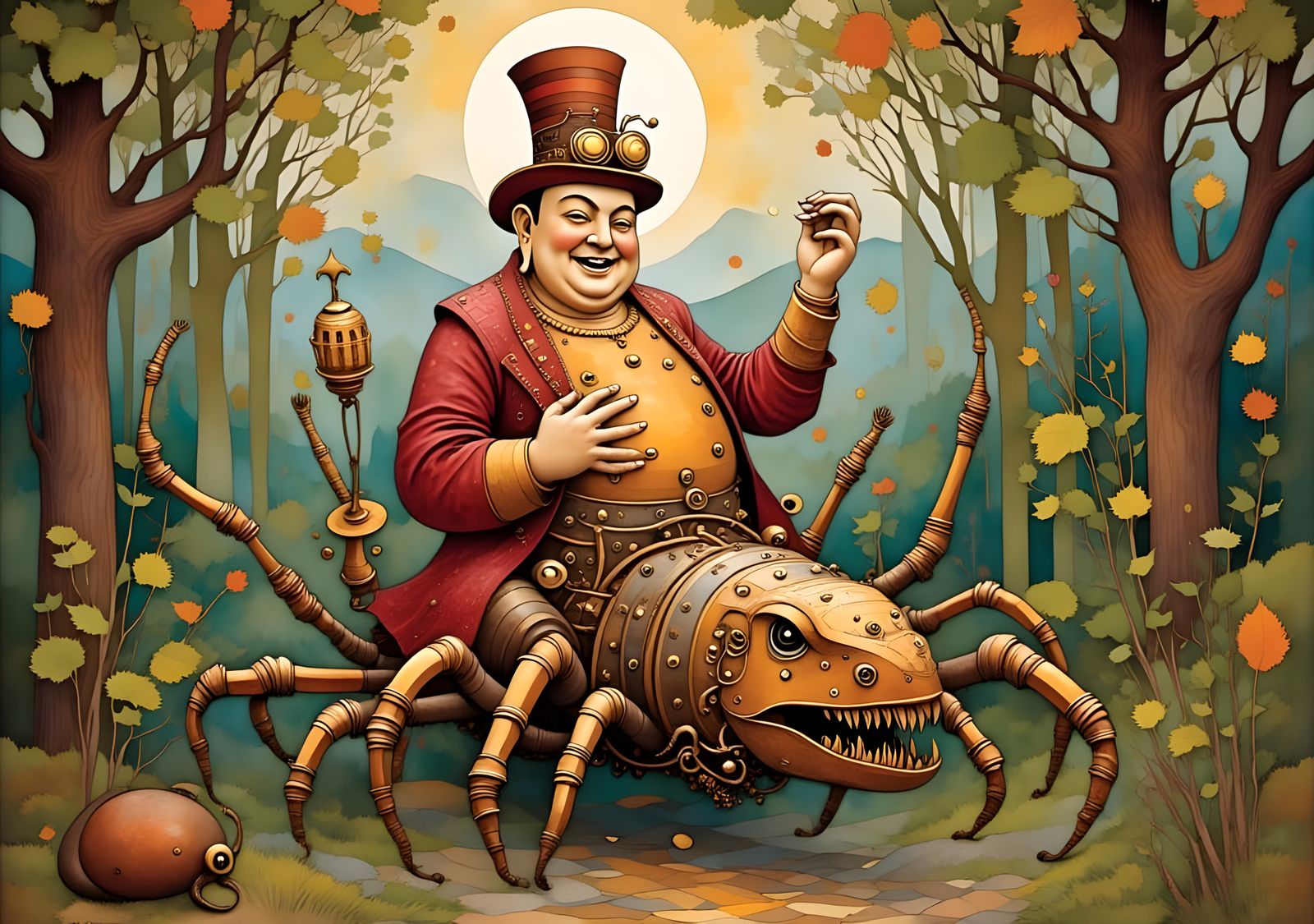 Steampunk Buddha Astride Mechanical Spider in Jungle