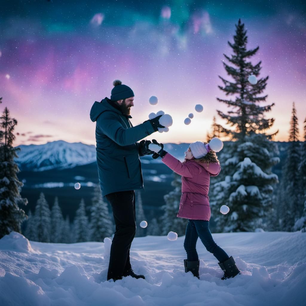 Father and Daughter Play in Snow Under Aurora